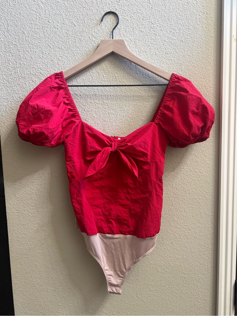 Amanda Uprichard Red Puff-Sleeve Tie-Front Thong Bodysuit Small
